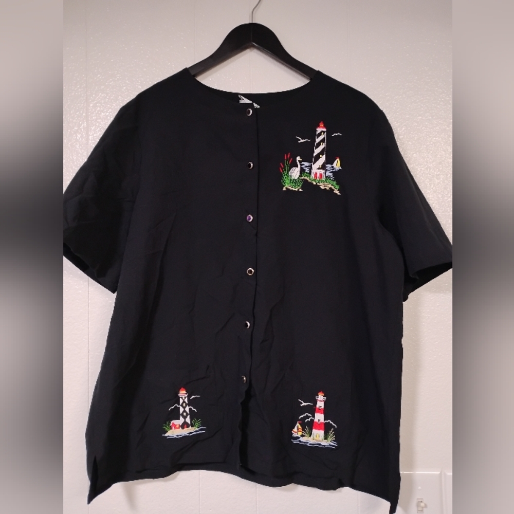 Vintage Bonworth Xl Black Embroidered Lighthouse Shirt Button Up Short Sleeve